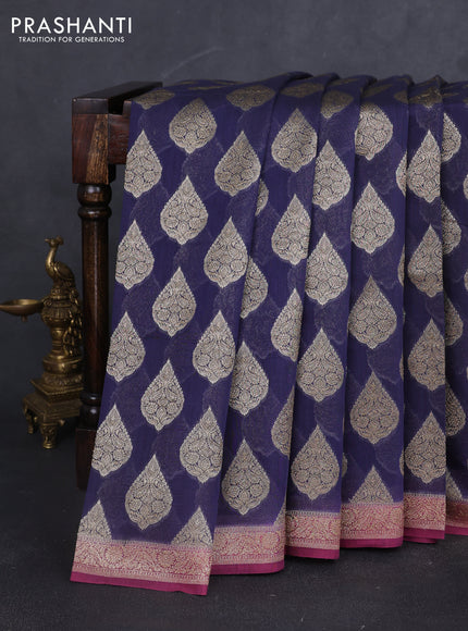 Banarasi silk cotton saree navy blue and mauve pink with allover zari woven buttas and zari woven border