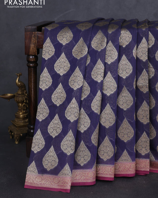 Banarasi silk cotton saree navy blue and mauve pink with allover zari woven buttas and zari woven border