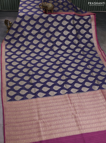Banarasi silk cotton saree navy blue and mauve pink with allover zari woven buttas and zari woven border
