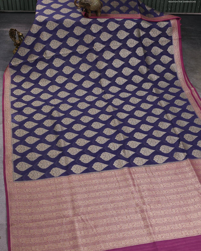 Banarasi silk cotton saree navy blue and mauve pink with allover zari woven buttas and zari woven border