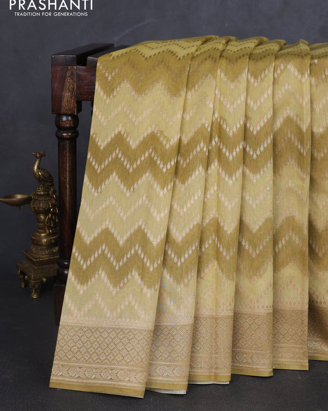 Banarasi silk cotton saree pale yellow and mustard yellow with allover zigzag zari weaves and zari woven border