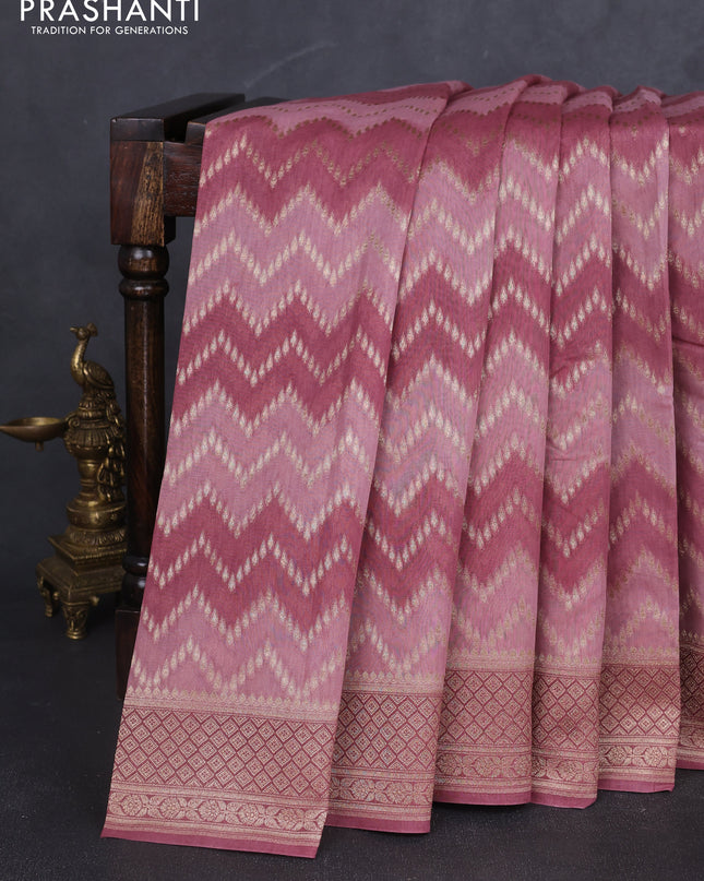 Banarasi silk cotton saree mauve pink with allover zigzag zari weaves and zari woven border