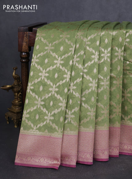 Banarasi silk cotton saree light green and purple shade with allover thread & zari weaves and woven border