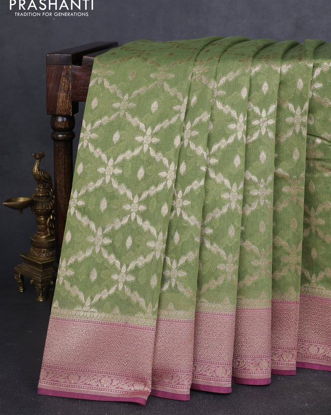 Banarasi silk cotton saree light green and purple shade with allover thread & zari weaves and woven border