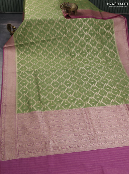 Banarasi silk cotton saree light green and purple shade with allover thread & zari weaves and woven border
