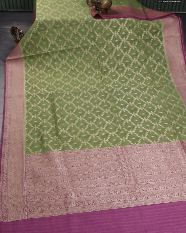 Banarasi silk cotton saree light green and purple shade with allover thread & zari weaves and woven border
