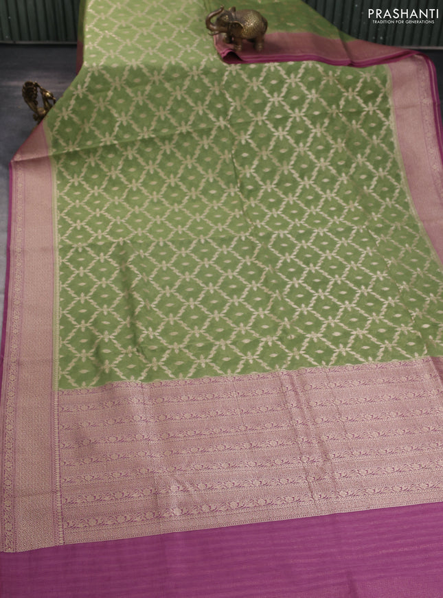 Banarasi silk cotton saree light green and purple shade with allover thread & zari weaves and woven border