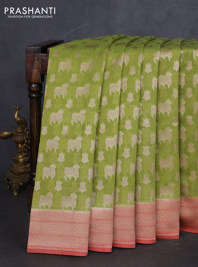 Banarasi silk cotton saree light green and peach shade with allover pichwai zari woven butta weaves and zari woven border