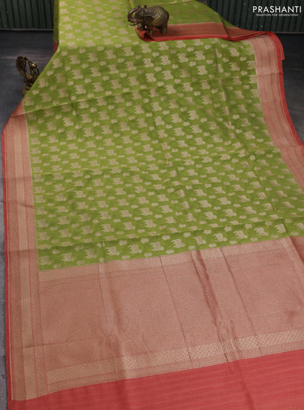 Banarasi silk cotton saree light green and peach shade with allover pichwai zari woven butta weaves and zari woven border