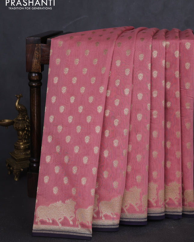 Banarasi silk cotton saree peach pink and navy blue with allover zari woven buttas and pichwai zari woven border