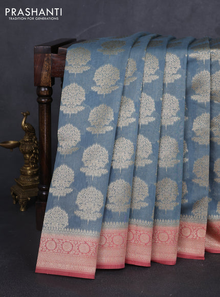 Banarasi silk cotton saree bluish grey and peach pink with allover zari woven buttas and zari woven border