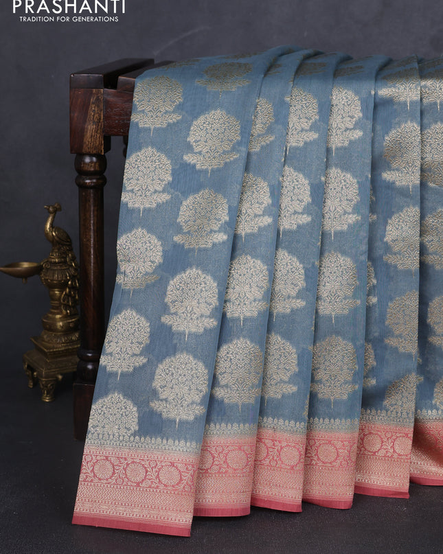 Banarasi silk cotton saree bluish grey and peach pink with allover zari woven buttas and zari woven border