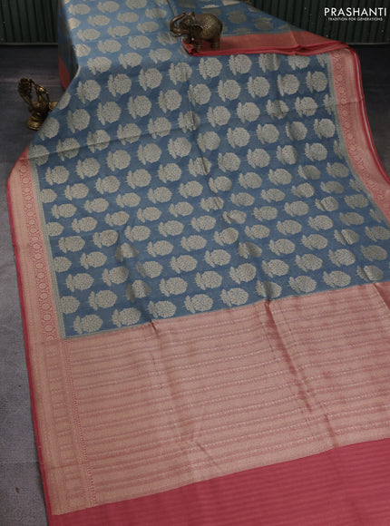 Banarasi silk cotton saree bluish grey and peach pink with allover zari woven buttas and zari woven border