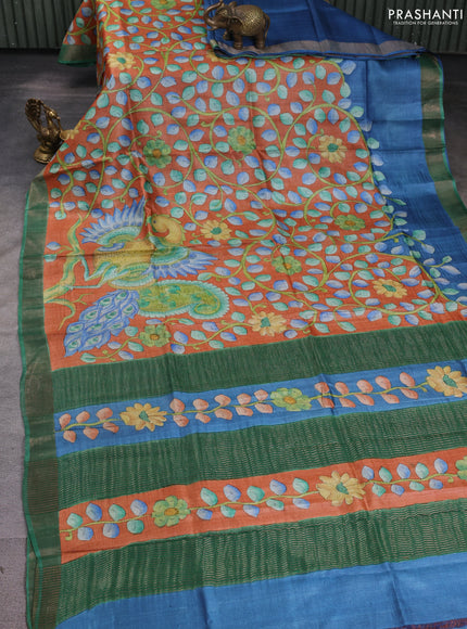 Pure tussar silk saree peach shade and green with allover kalamkari hand painted prints and zari woven border