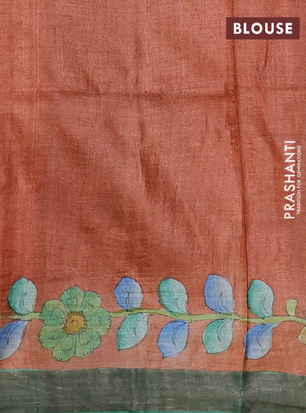 Pure tussar silk saree peach shade and green with allover kalamkari hand painted prints and zari woven border