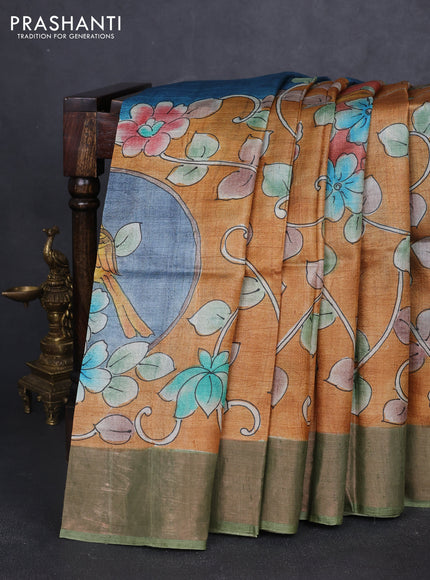 Pure tussar silk saree dark sandal and pastel green with allover kalamkari hand painted prints and zari woven border