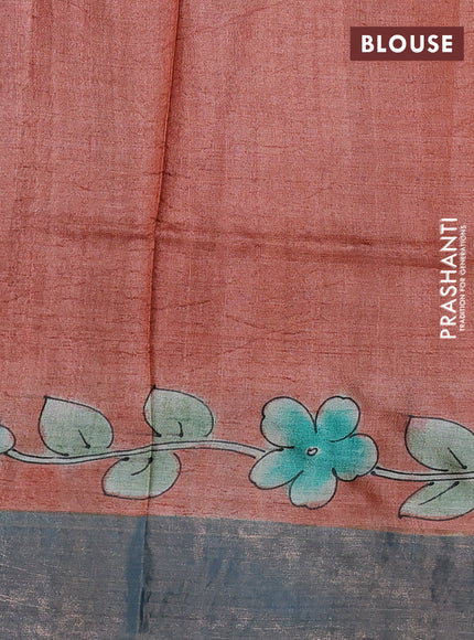 Pure tussar silk saree dark sandal and pastel green with allover kalamkari hand painted prints and zari woven border