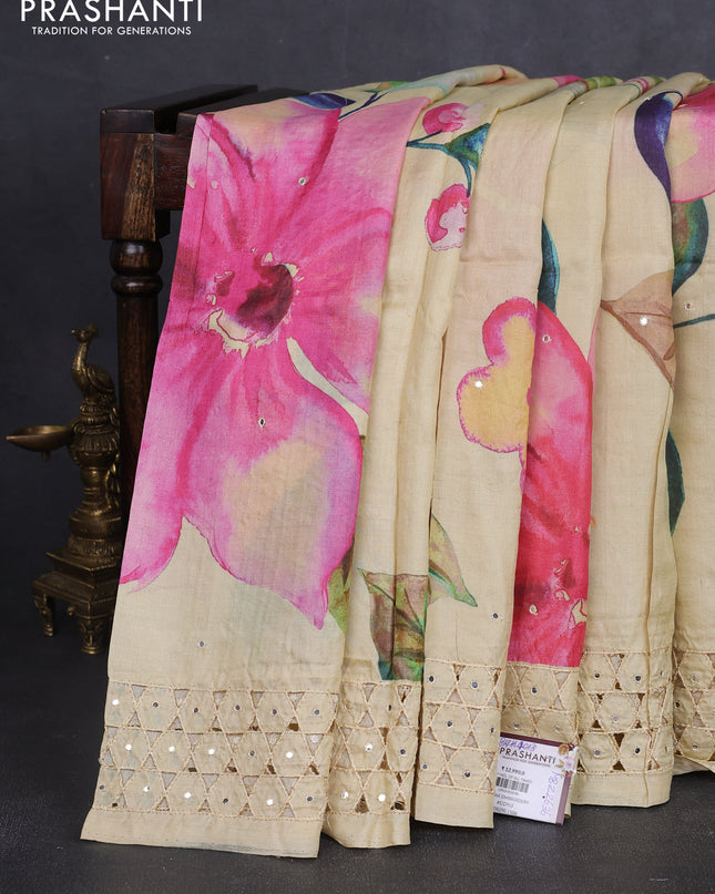 Pure tussar silk saree cream with allover floral prints & mirror work and mirror embroidery cut work pallu & border