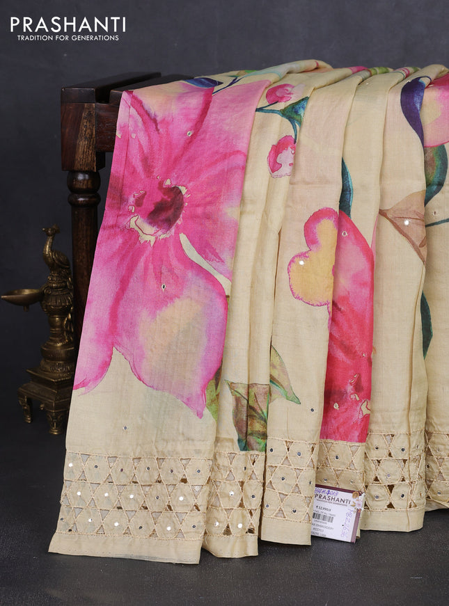 Pure tussar silk saree cream with allover floral prints & mirror work and mirror embroidery cut work pallu & border