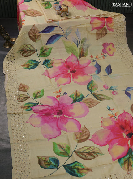 Pure tussar silk saree cream with allover floral prints & mirror work and mirror embroidery cut work pallu & border