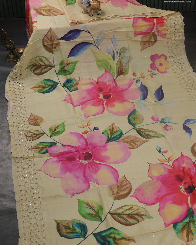 Pure tussar silk saree cream with allover floral prints & mirror work and mirror embroidery cut work pallu & border