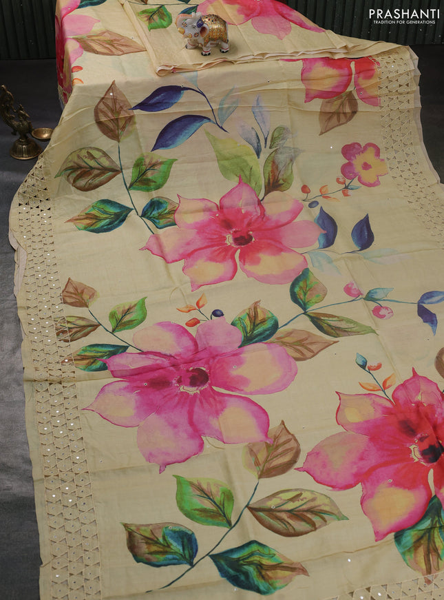 Pure tussar silk saree cream with allover floral prints & mirror work and mirror embroidery cut work pallu & border
