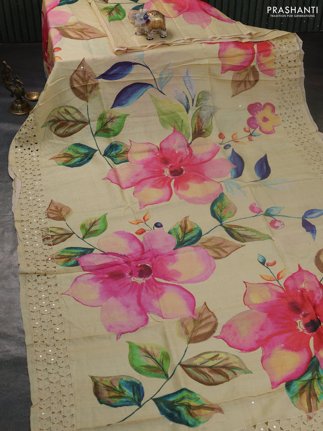 Pure tussar silk saree cream with allover floral prints & mirror work and mirror embroidery cut work pallu & border