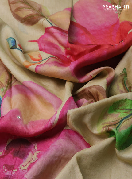 Pure tussar silk saree cream with allover floral prints & mirror work and mirror embroidery cut work pallu & border