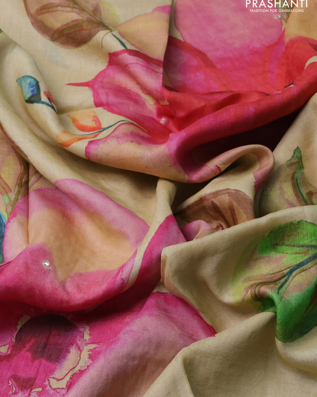 Pure tussar silk saree cream with allover floral prints & mirror work and mirror embroidery cut work pallu & border