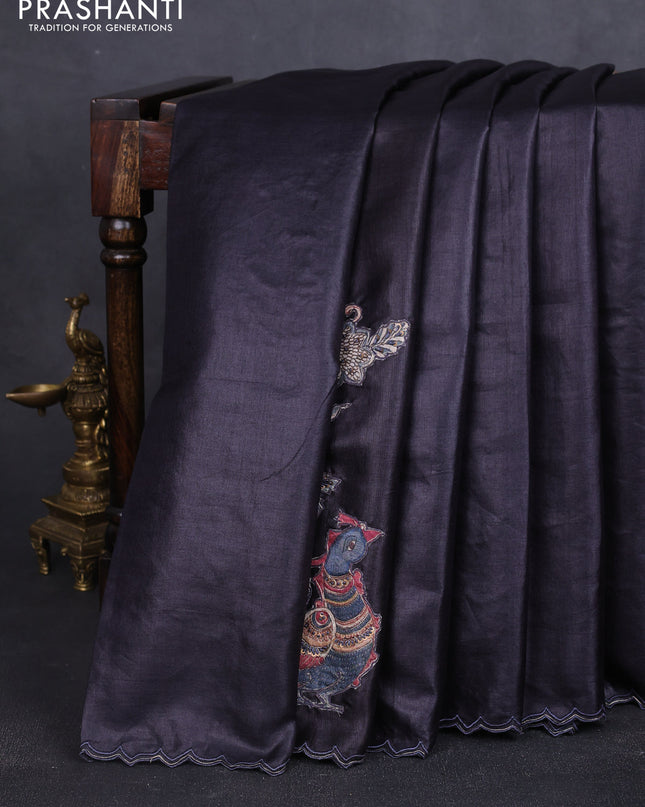 Pure tussar silk saree black with kalamkari embroidery applique work