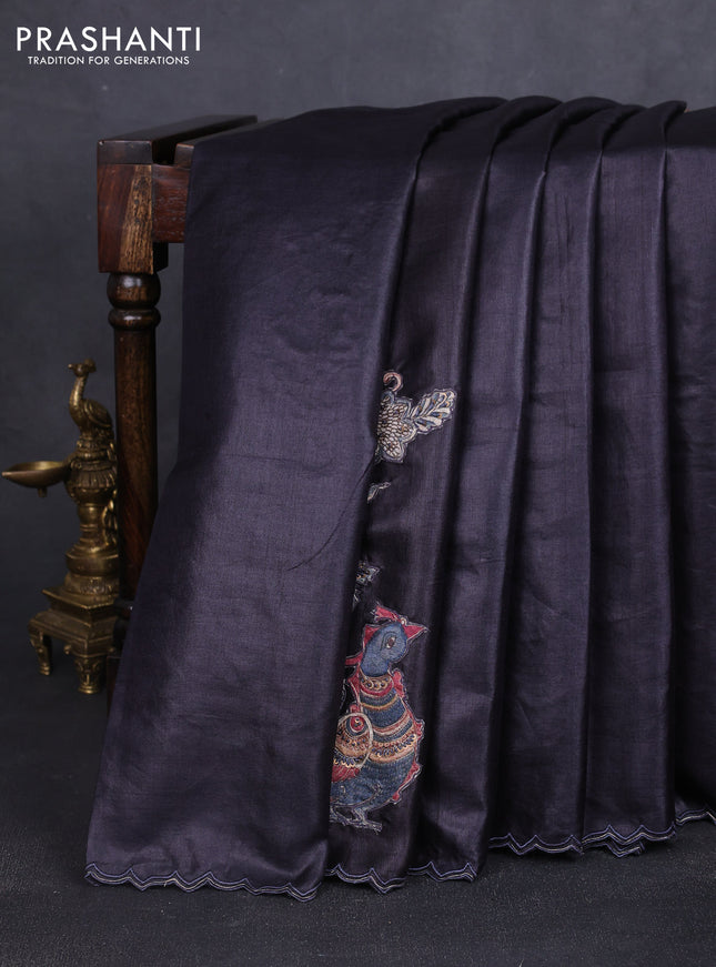 Pure tussar silk saree black with kalamkari embroidery applique work