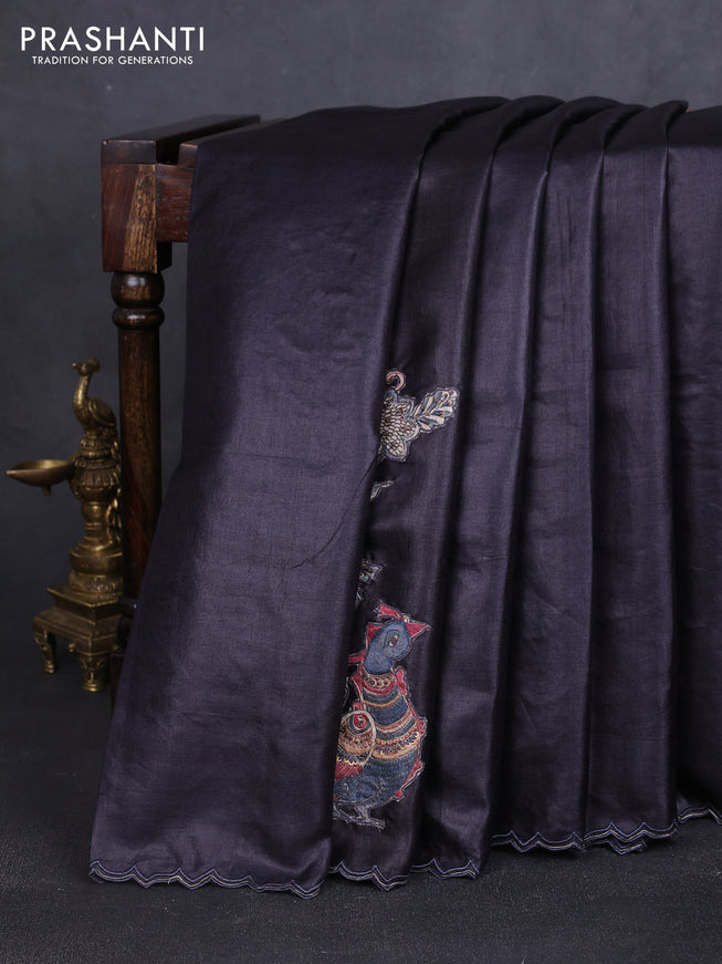 Pure tussar silk saree black with kalamkari embroidery applique work