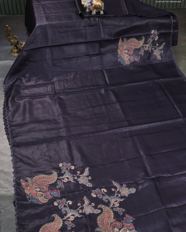 Pure tussar silk saree black with kalamkari embroidery applique work