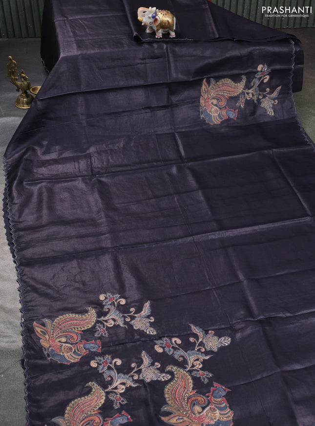 Pure tussar silk saree black with kalamkari embroidery applique work