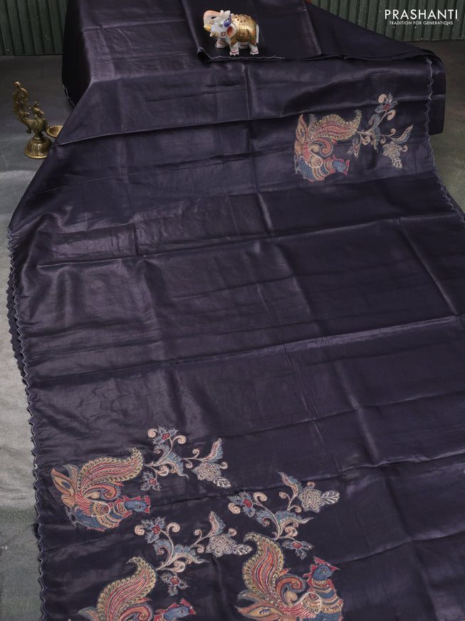Pure tussar silk saree black with kalamkari embroidery applique work