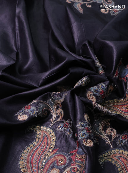 Pure tussar silk saree black with kalamkari embroidery applique work