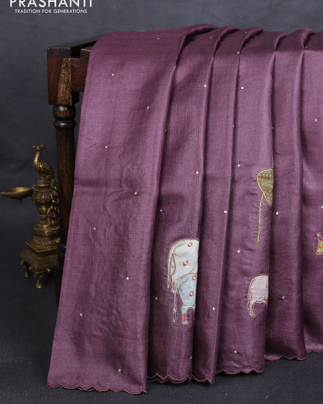 Pure tussar silk saree pastel wine shade and beige with kalamkari applique work and kalamkari prints & pita work pallu
