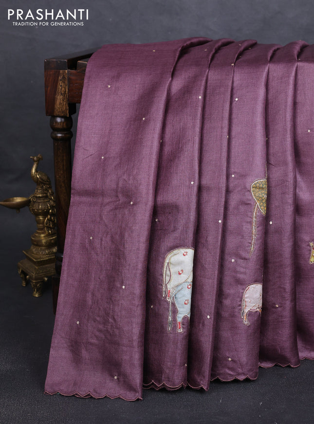 Pure tussar silk saree pastel wine shade and beige with kalamkari applique work and kalamkari prints & pita work pallu
