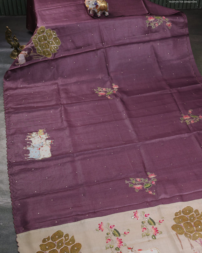 Pure tussar silk saree pastel wine shade and beige with kalamkari applique work and kalamkari prints & pita work pallu