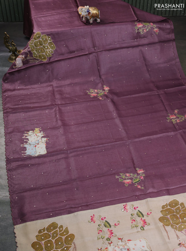 Pure tussar silk saree pastel wine shade and beige with kalamkari applique work and kalamkari prints & pita work pallu