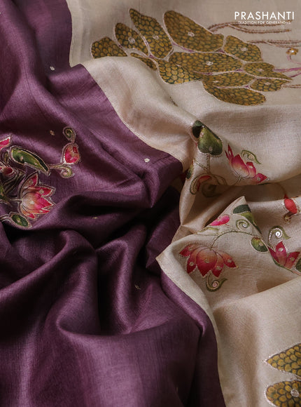 Pure tussar silk saree pastel wine shade and beige with kalamkari applique work and kalamkari prints & pita work pallu