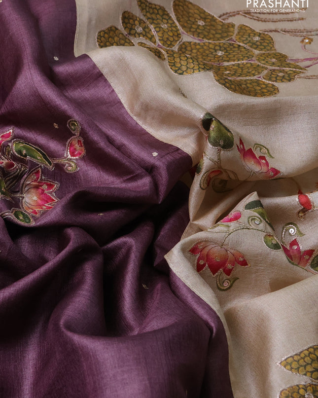 Pure tussar silk saree pastel wine shade and beige with kalamkari applique work and kalamkari prints & pita work pallu