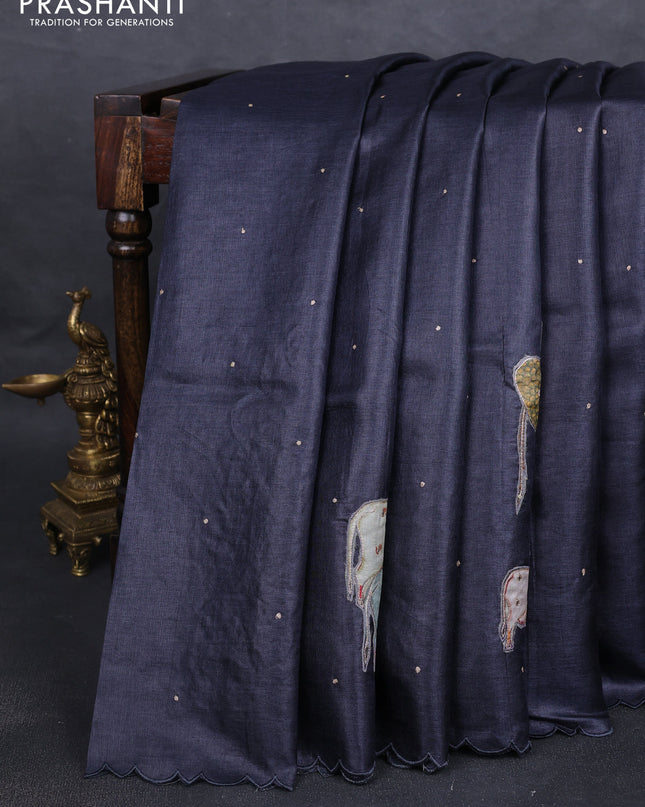 Pure tussar silk saree elephant grey and beige with kalamkari applique work and kalamkari prints & pita work pallu