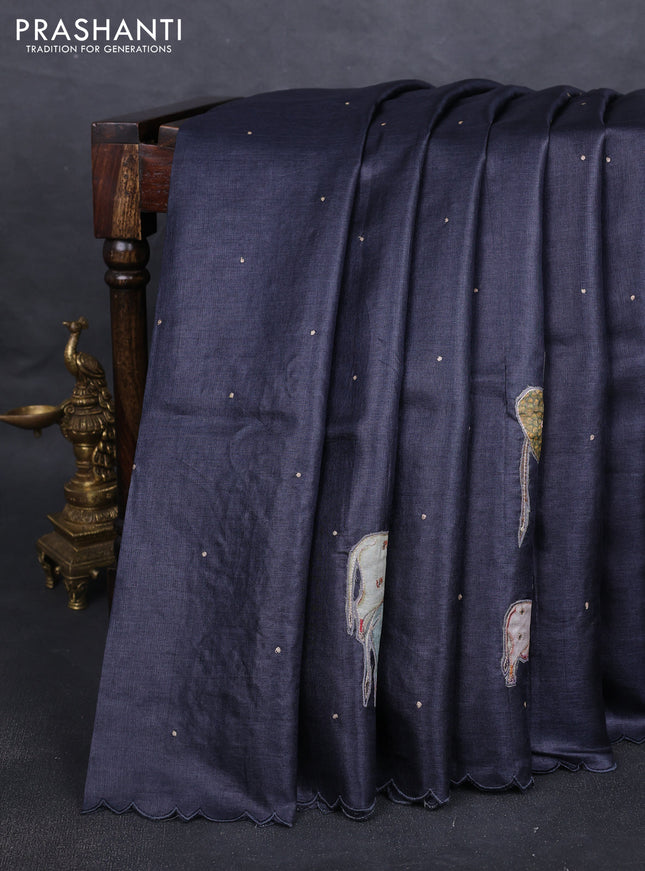 Pure tussar silk saree elephant grey and beige with kalamkari applique work and kalamkari prints & pita work pallu