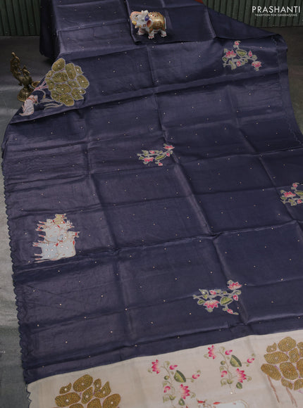 Pure tussar silk saree elephant grey and beige with kalamkari applique work and kalamkari prints & pita work pallu