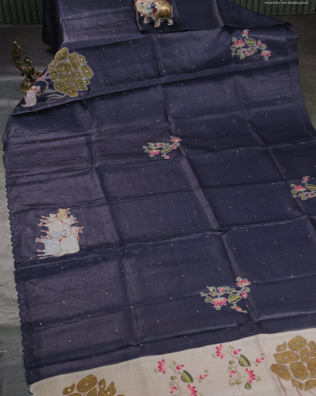 Pure tussar silk saree elephant grey and beige with kalamkari applique work and kalamkari prints & pita work pallu