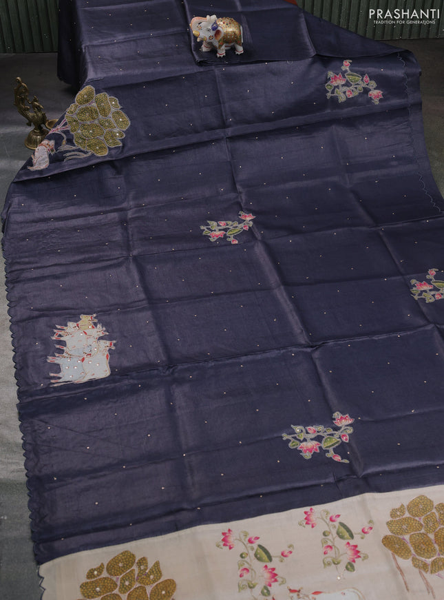 Pure tussar silk saree elephant grey and beige with kalamkari applique work and kalamkari prints & pita work pallu