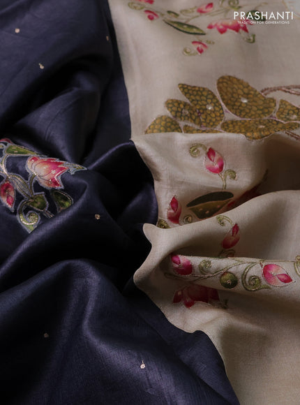 Pure tussar silk saree elephant grey and beige with kalamkari applique work and kalamkari prints & pita work pallu