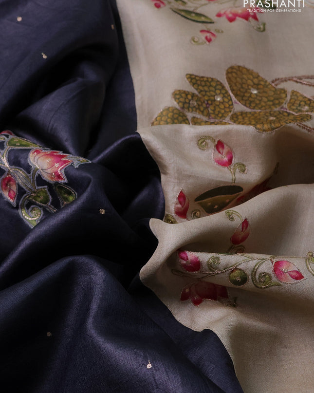 Pure tussar silk saree elephant grey and beige with kalamkari applique work and kalamkari prints & pita work pallu