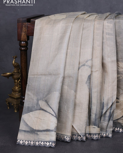 Pure tussar silk saree beige and grey with prints & pita work and embroidery work border